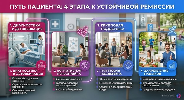 Инфографика «Путь пациента: 4 этапа к устойчивой ремиссии»: диагностика и детоксикация, когнитивная перестройка, групповая поддержка и закрепление навыков.