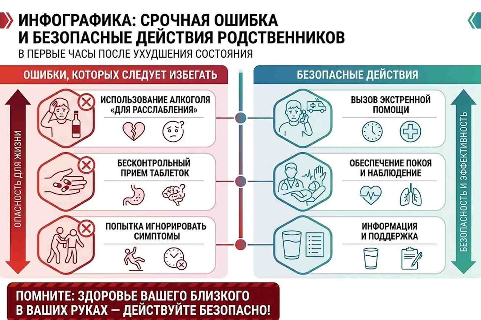 Инфографика, сравнивающая опасные ошибки родственников и правильные безопасные действия в первые часы после ухудшения состояния больного.