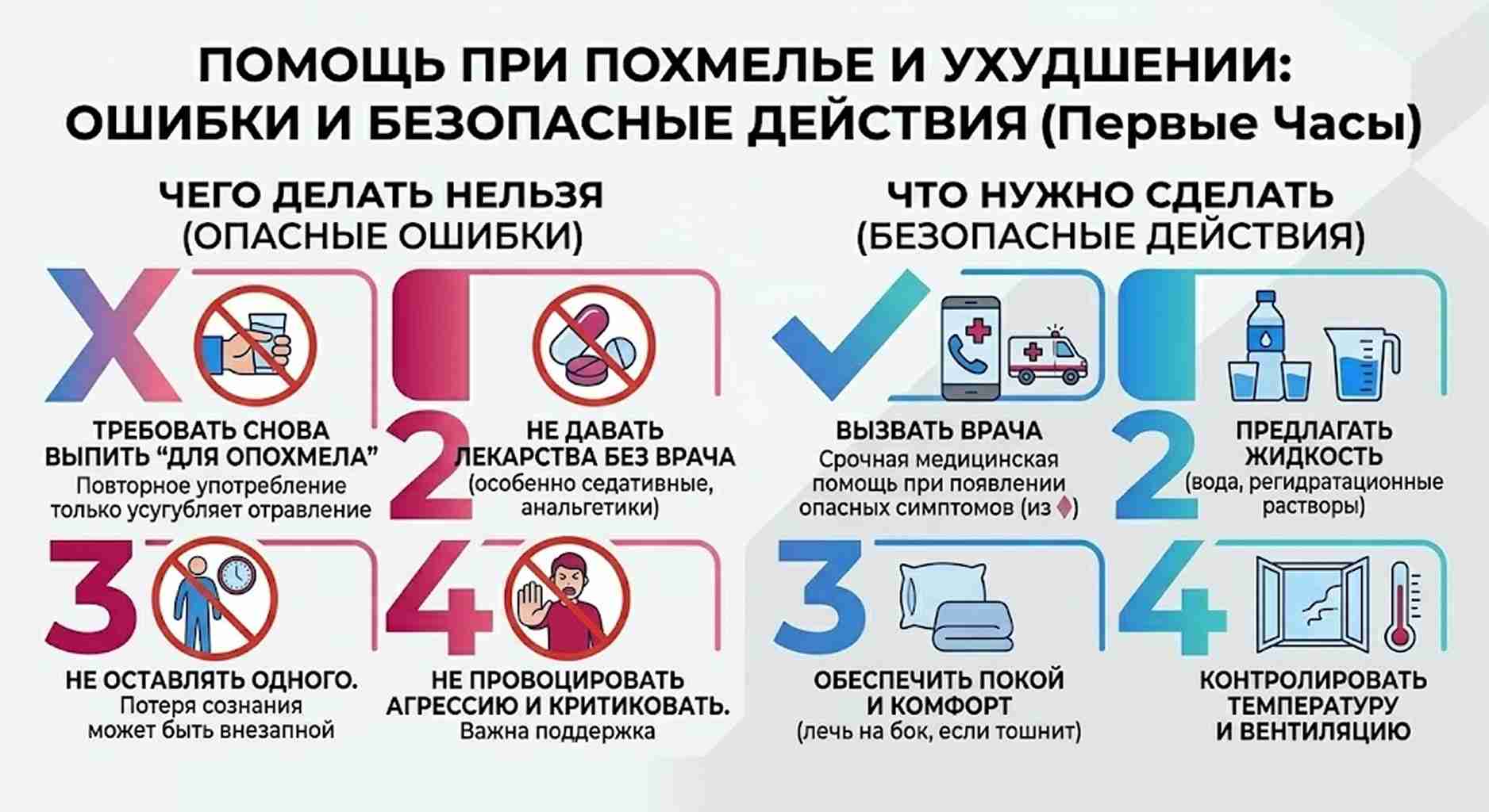 Инфографика: сравнение опасных ошибок (самолечение, повторный алкоголь) и безопасных действий (вызов врача, обеспечение покоя) при ухудшении состояния пациента в запое.