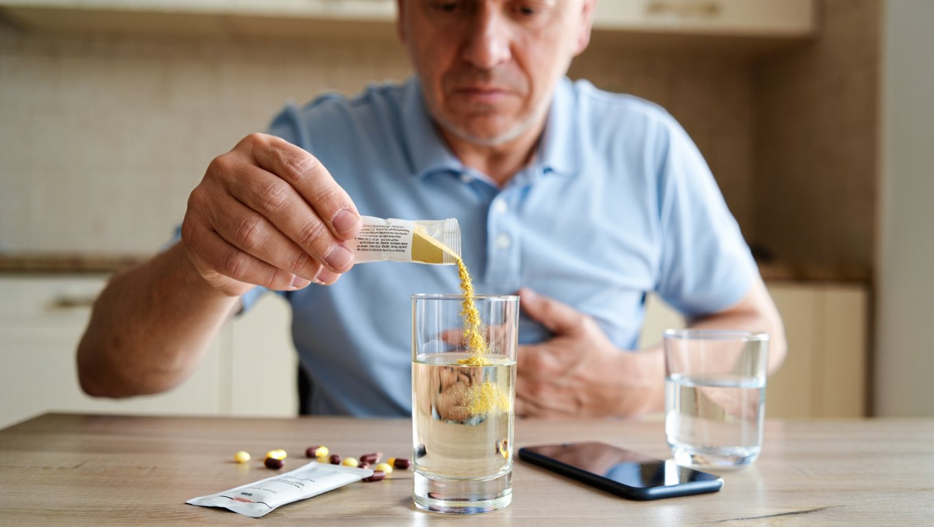 Мужчина разводит порошок в воде